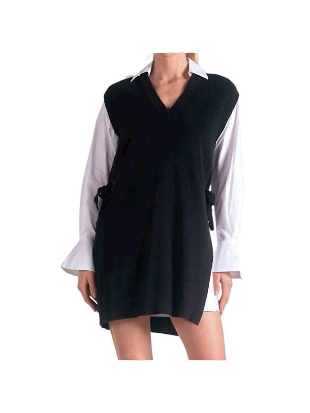 Elan Nia Sleeveless Shirt Sweater Vest Dress Navy Blue White Academia Sz Small